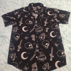 Hot Topic Occult Woven Button Up Shirt Short Sleeve Collared Black Gray Size M